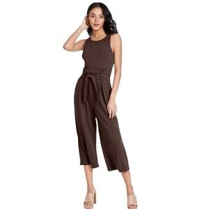 Bar III Women's Sleeveless Crewneck Tie Waist Jumpsuit in Chicory Coffee Brown